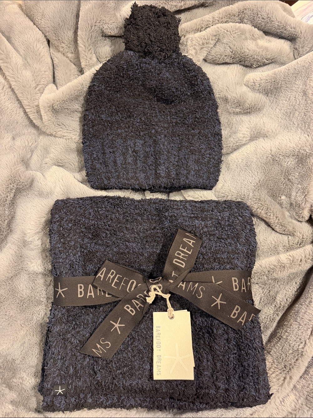 Barefoot Dreams Cozy Navy Pom Beanie & Matching Wrap Scarf